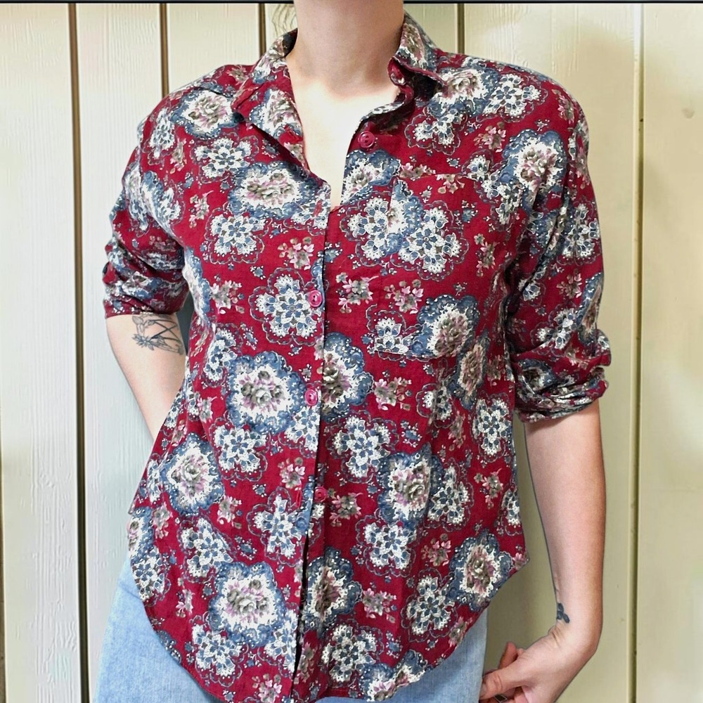 Vintage 80s Western Cowgirl Burgundy Floral Paisley Blouse S M Made in USA
